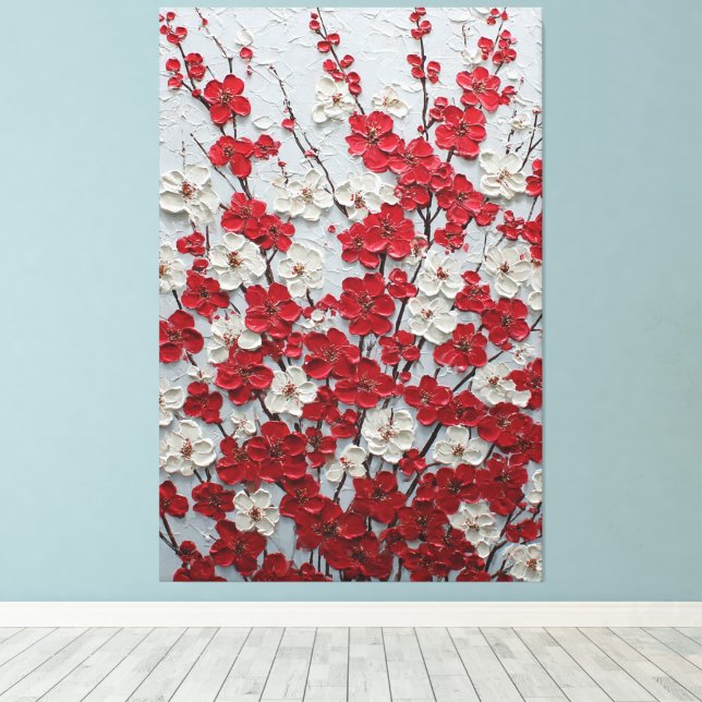 Röda och vita blomster Impasto Väggkonst Canvastryck (Insitu (trägolv))