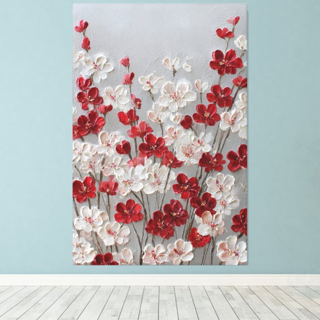 Röda och vita blomster Impasto Väggkonst Canvastryck (Insitu (trägolv))