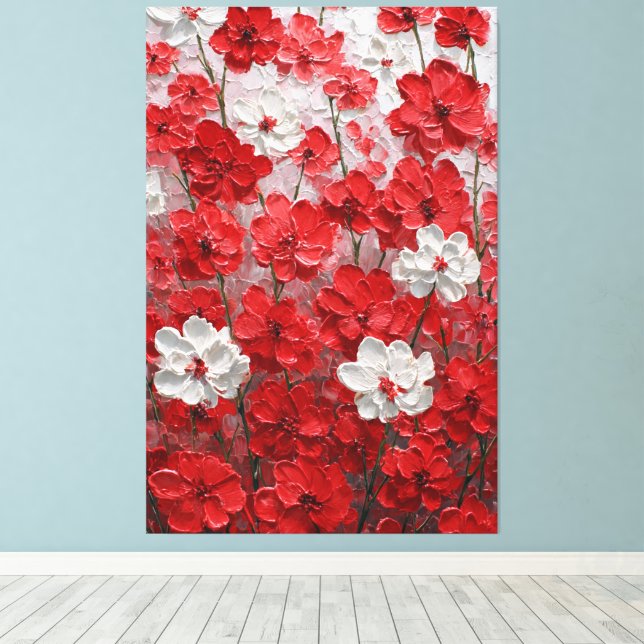 Röda och vita blomster Impasto Väggkonst Canvastryck (Insitu (trägolv))