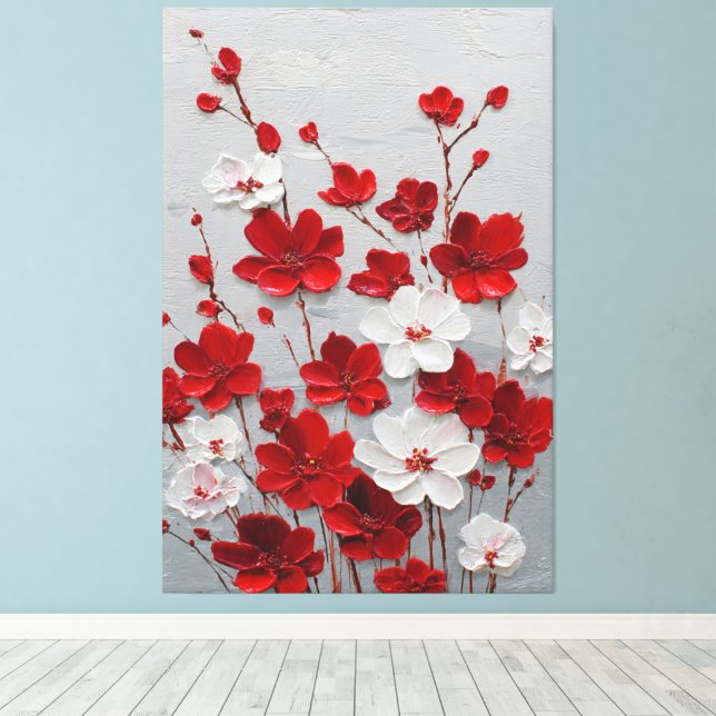 Röda och vita blomster Impasto Väggkonst Canvastryck (Insitu (trägolv))
