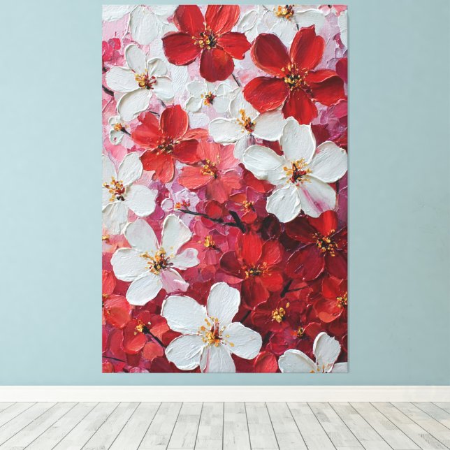 Röda och vita blomster Impasto Väggkonst Canvastryck (Insitu (trägolv))
