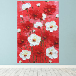 Röda och vita blomster på röd bakgrund Impasto Canvastryck