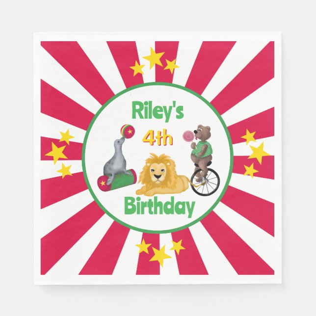 Röda och vita cirkusdjur i hand plockade pappersservett (Framsidan)