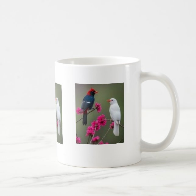 Röda och vita fåglar på rosa blomstergren Mug Kaffemugg (Höger)