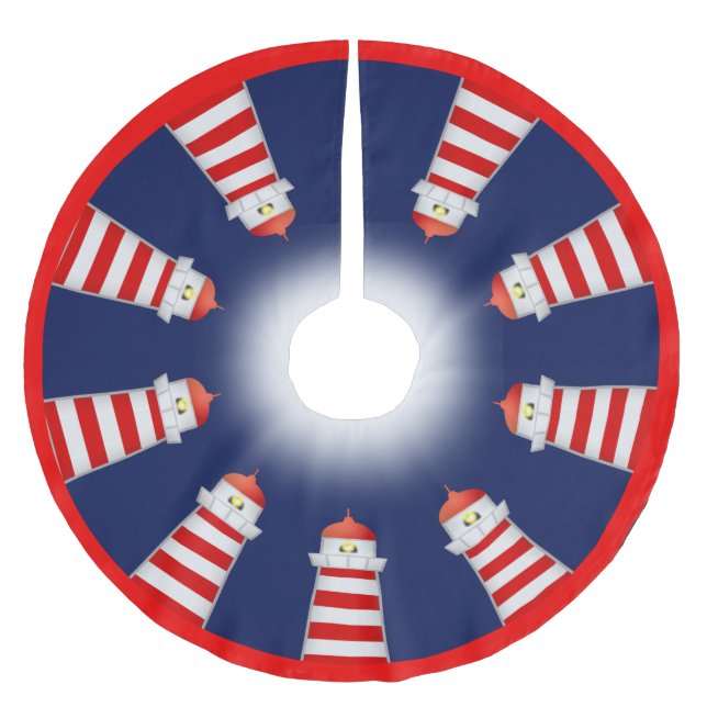 Röda och vita fyrar på marinblå julgransmatta borstad polyester (Framsidan)