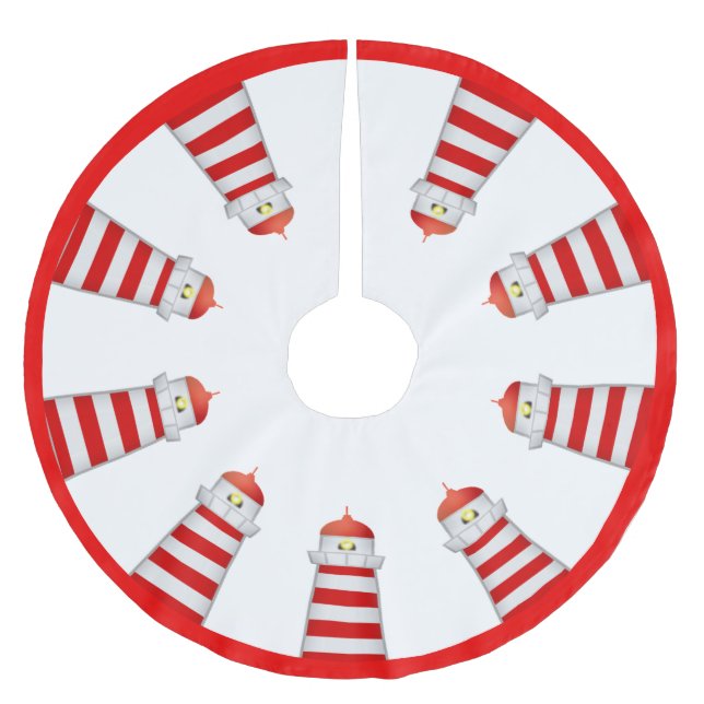 Röda och vita fyrar på vitt julgransmatta borstad polyester (Framsidan)