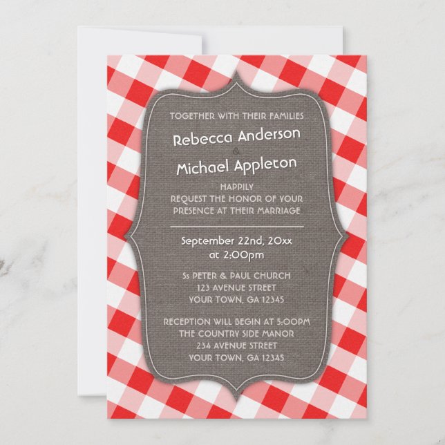 Röda och vita Gingham Canvas Wedding-inbjudningar Inbjudningar (Framsida)