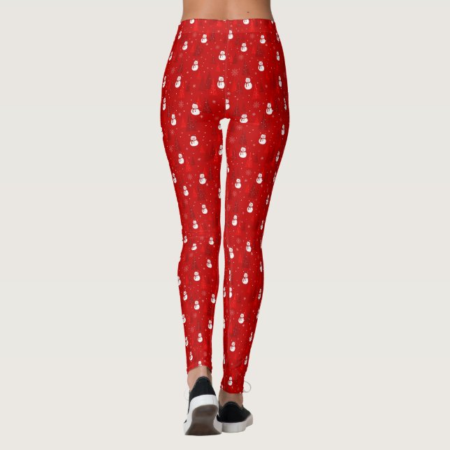 Röda och vita Julgran och Snögubbe Mönster Leggings (Baksida)