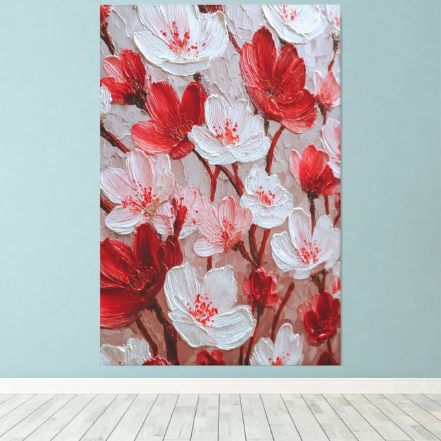 Röda och vita körsbärsblommor Impasto Väggkonst Canvastryck (Insitu (trägolv))