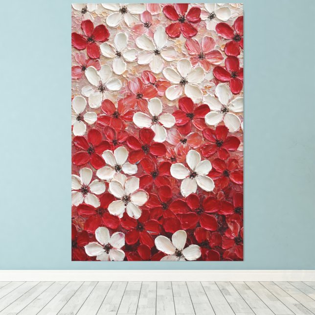 Röda och vita kronblad Blomster Impasto Väggkonst Canvastryck (Insitu (trägolv))