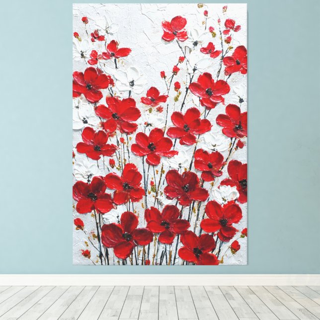 Röda och vita kronblad Impasto Väggkonst Canvastryck (Insitu (trägolv))