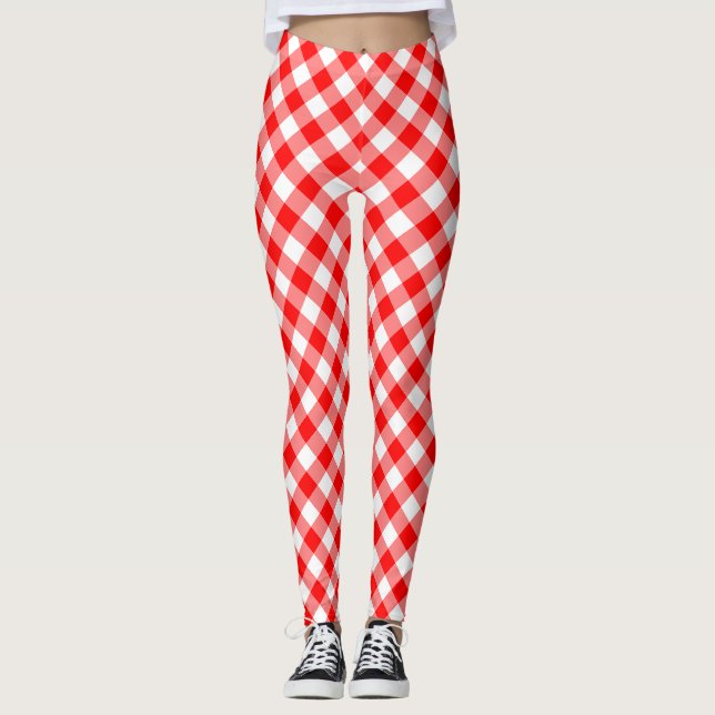Röda och vita, medelStorleka diagonala Gingham-kon Leggings (Framsida)