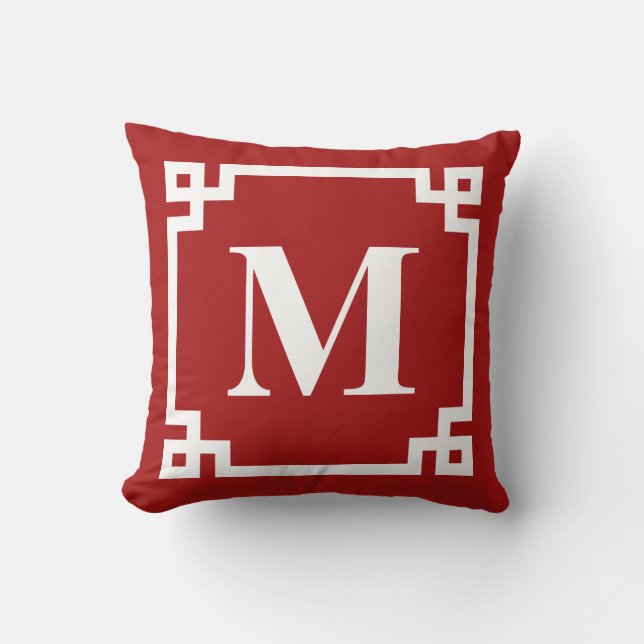 Röda och vita, moderna grekiska Nyckel-monogram Kudde (Framsida)