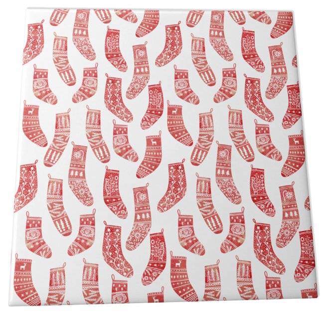 Röda och vita nordiska julinventeringar kakelplatta (Nordic Stockings red and white Scandinavian festive Christmas pattern ceramic tile)