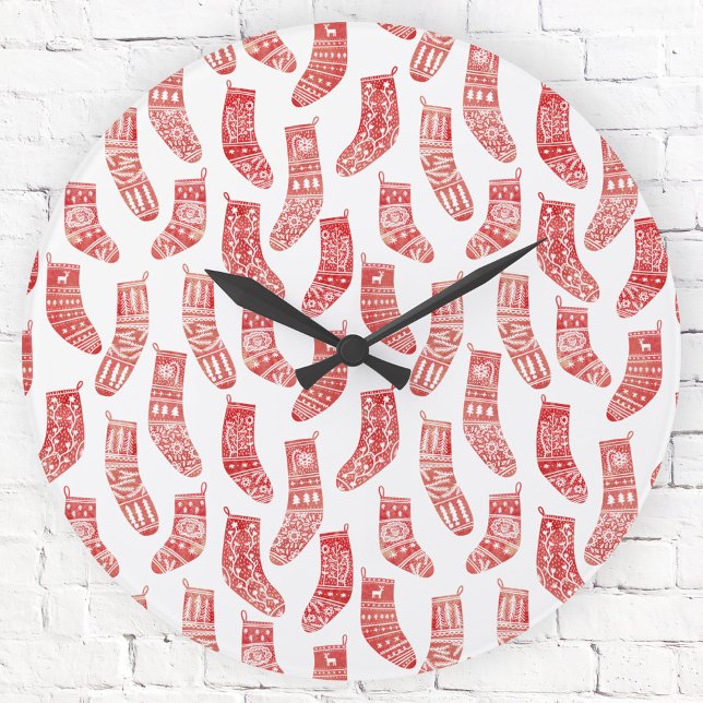 Röda och vita nordiska julinventeringar rund klocka (Scandinavian red and white stockings wall clock)