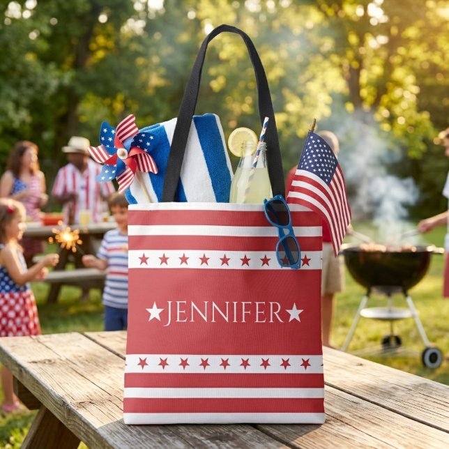 Röda och vita patriotiska stjärnor och ränder spec tygkasse (Red and White Patriotic Stars and Stripes Custom Tote Bag - Just add your name or special text!)