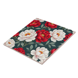Röda och vita pioenblommor kakelplatta