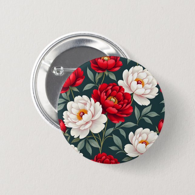 Röda och vita pioenblommor  knapp (Framsida & baksida)