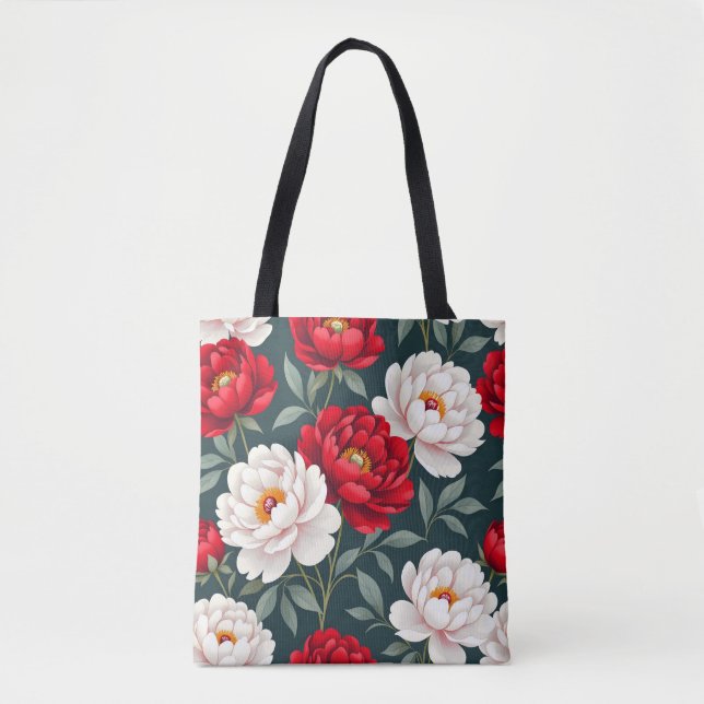 Röda och vita pioenblommor  tygkasse (Framsida)