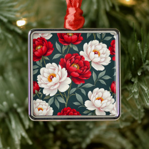 Röda och vita pionblommor  julgransprydnad metall