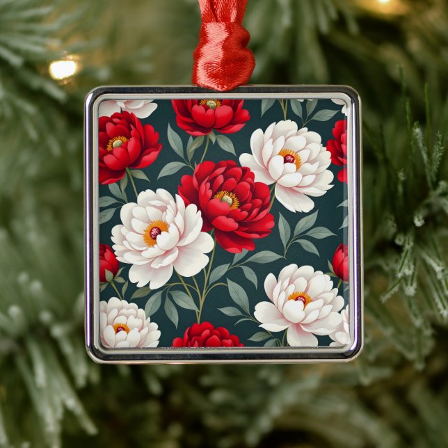 Röda och vita pionblommor  julgransprydnad metall (Träd)