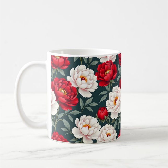 Röda och vita pionblommor  kaffemugg (Vänster)