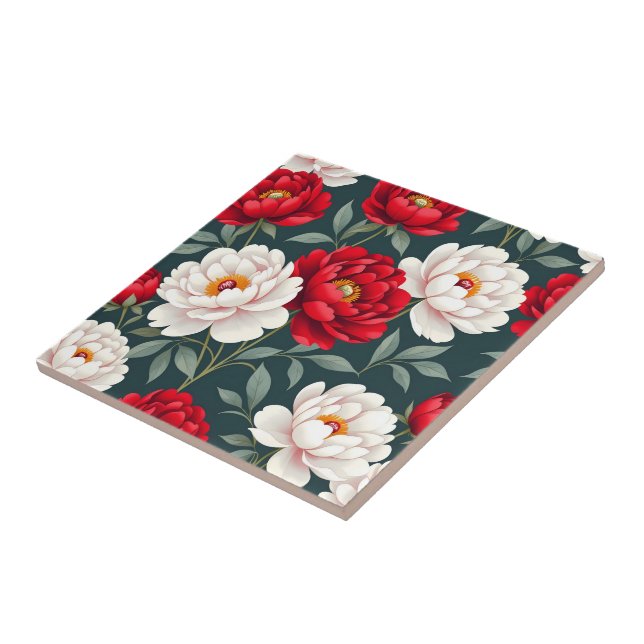 Röda och vita pionblommor  kakelplatta (Sidan)