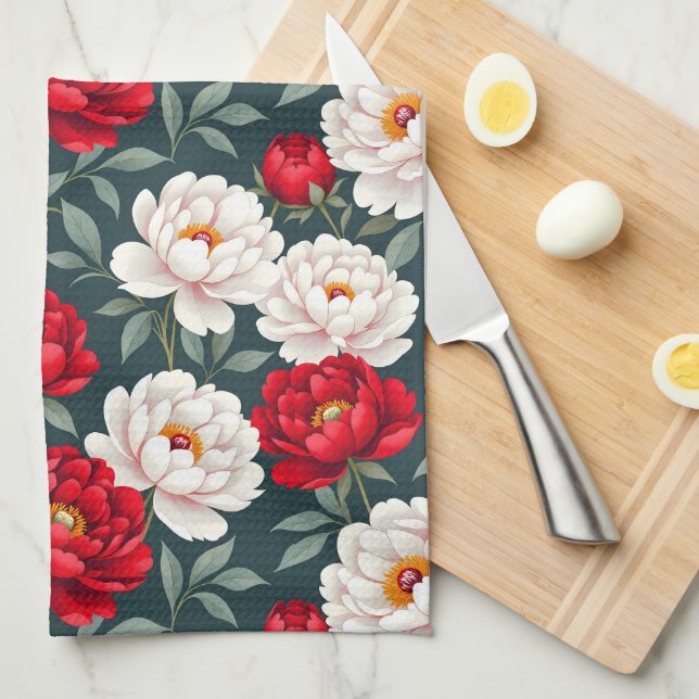 Röda och vita pionblommor  kökshandduk (Vikt i Fjärdedel)