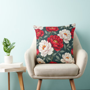 Röda och vita pionblommor  kudde
