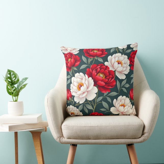 Röda och vita pionblommor  kudde (Stol)