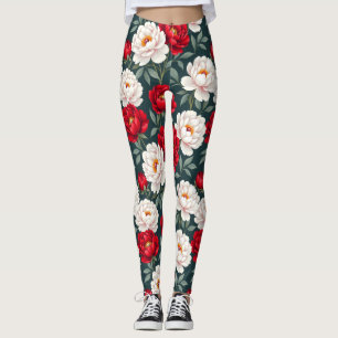 Röda och vita pionblommor  leggings