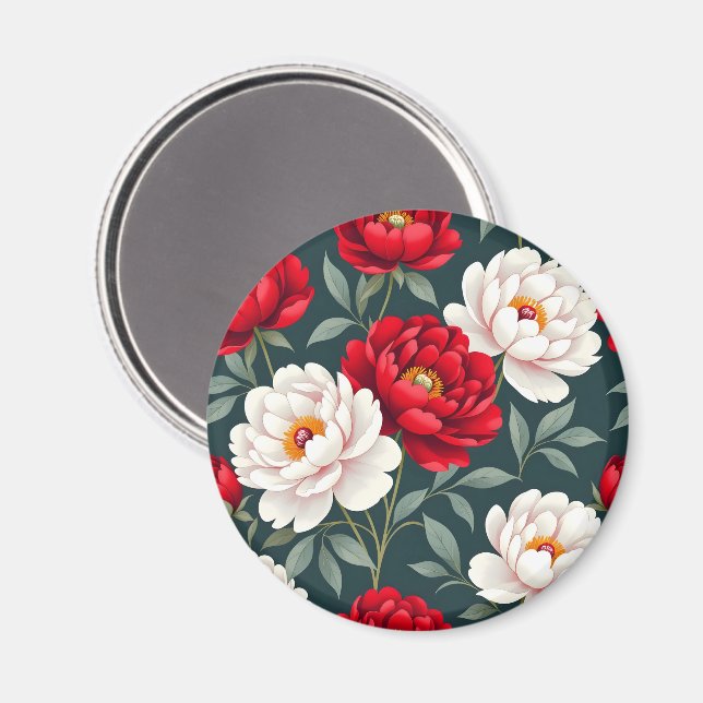 Röda och vita pionblommor  magnet (Front/Back)