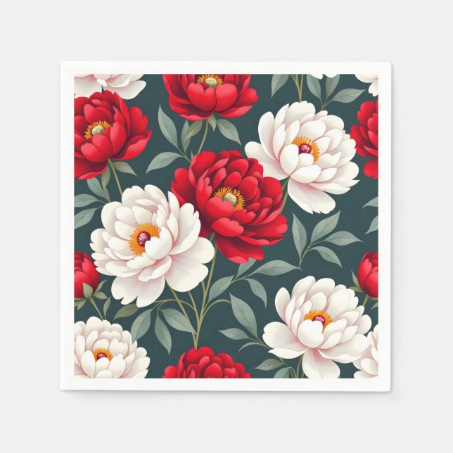Röda och vita pionblommor  pappersservett (Framsidan)