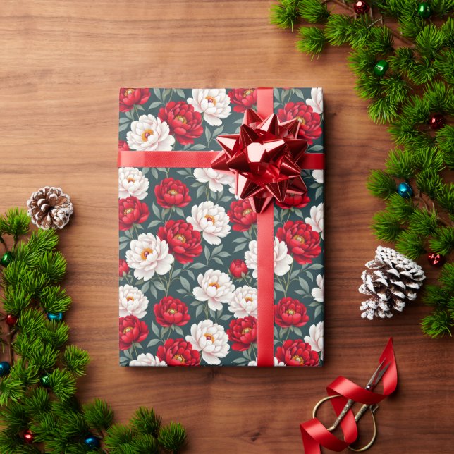 Röda och vita pionblommor  presentpapper (Julgåva)