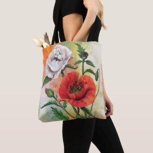 Röda och vita poppies Tote Bag Flowers Tygkasse
