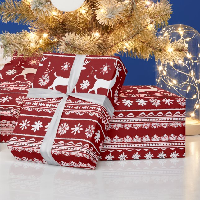 Röda och vita renar Blommigten Modern jul Presentpapper (Helgdagar)