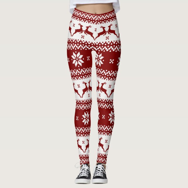 Röda och vita renar och Snöflingor jul Leggings (Framsida)