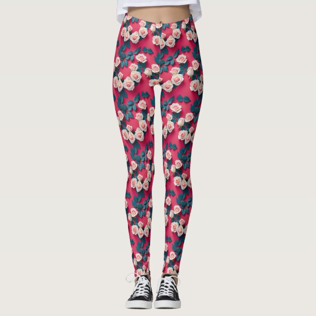 Röda och vita rosor  leggings (Framsida)