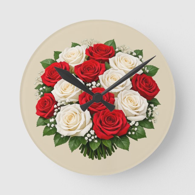 Röda och vita rosor rund klocka (Framsida)
