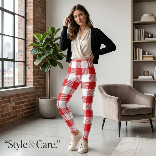 Röda och vita rutiga leggings för kvinnor (Red and White Checkered Leggings for Women)