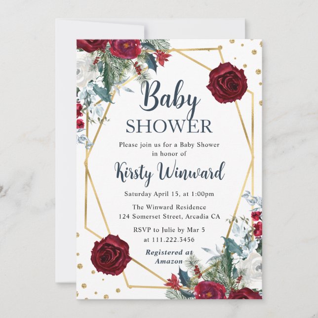 Röda och vita vinterblommor ram baby shower inbjudningar (Framsida)