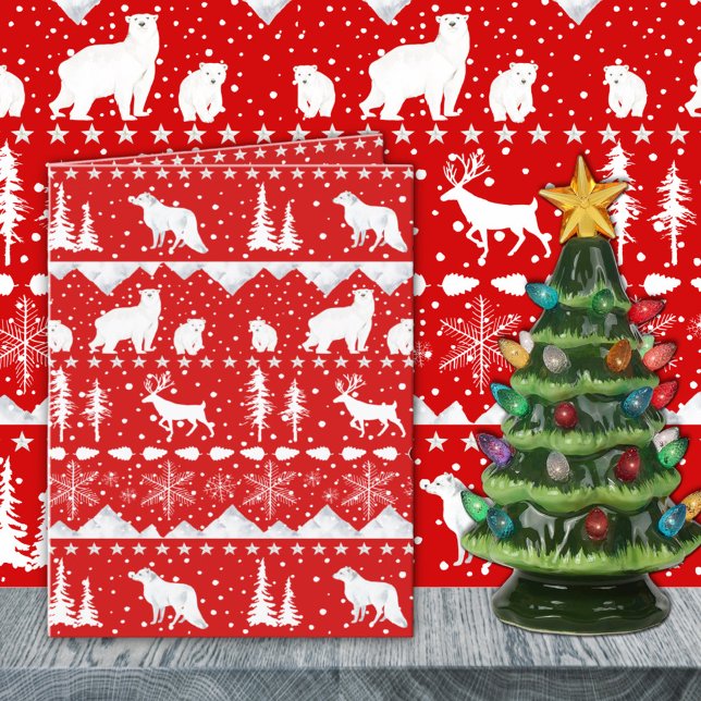 Röda och vita vinterdjur av nordiska sötvattensart helgkort (Nordic Sweater Red And White Winter Animals Holiday Wraparound Graphics Card. Numerous color combos.)