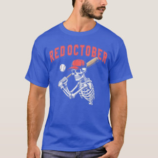 Röda Oktober Rolig Halloween Baseboll Skelett pres T Shirt