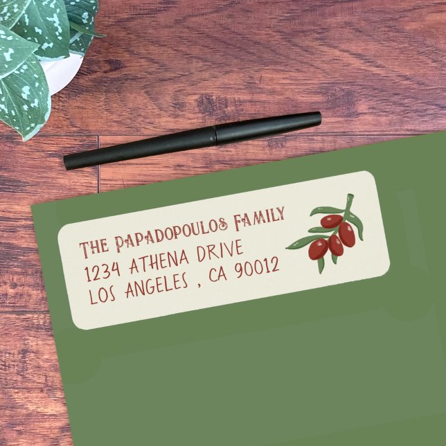 Röda oliver på en Gren Gult-adressetikett för åter Returadress Etikett (Red olives on a branch return address label)