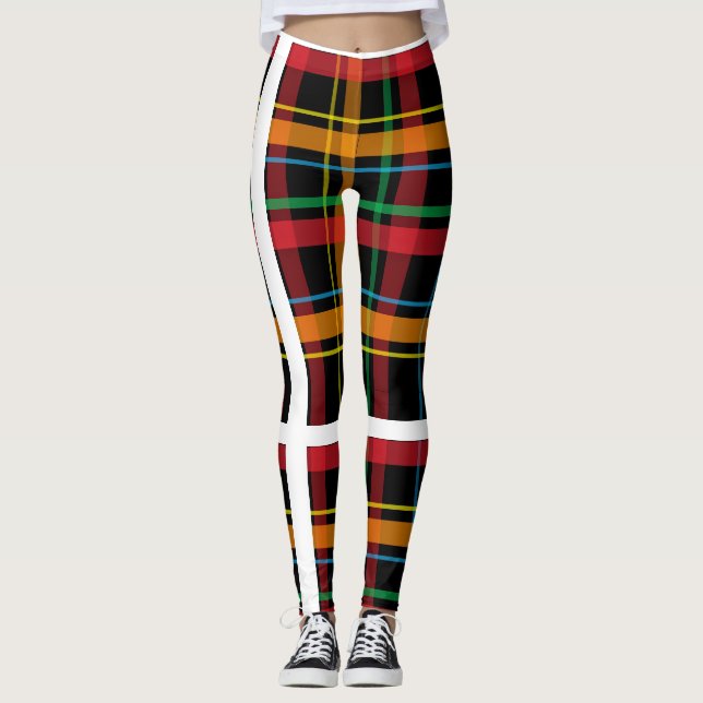 Röda, orange, gröna och svarta rutiga leggings (Framsida)
