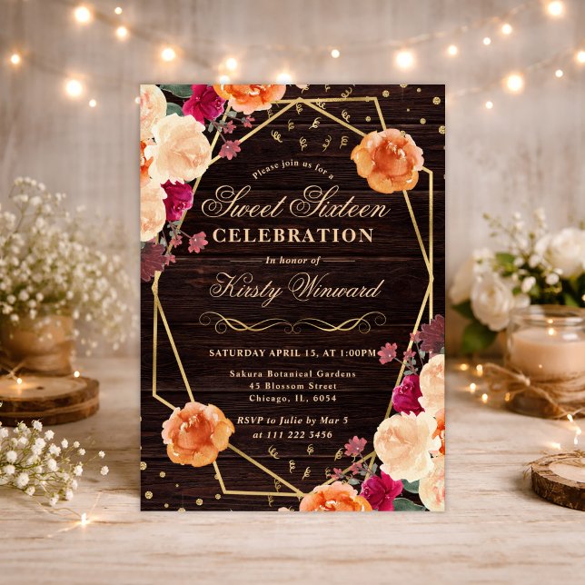 Röda & Orange Höstblommor Ram Sweet 16 Inbjudningar (Skapare uppladdad)