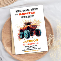 Röda Orange Monster Truck Födelsedagsinbjudningar