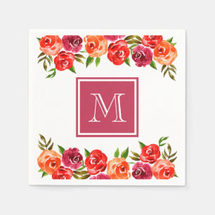 Röda Orange Rosa Blommor Monogram Pappersservett