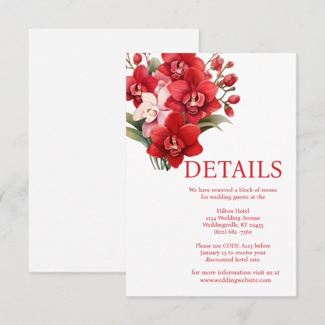 Röda orkidéer Bröllopsdetaljer Inklusionskort Tilläggskort (Fram/baksida)