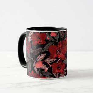 Röda orkidéer på svart. mugg